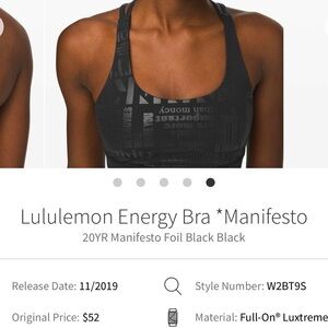Limited edition Lululemon Athletica manifest energy bra